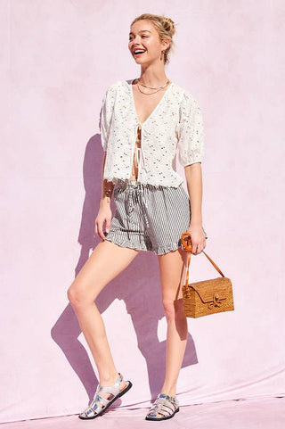 Coastal Stripe Ruffle Hem Drawstring Shorts