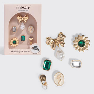 KitschPop vintage emerald charm set with gold bow, gemstone details, and pearl accents.
