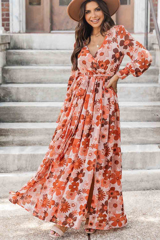 Orange Floral Long Sleeve Maxi Dress