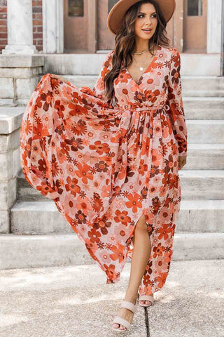 Orange Floral Long Sleeve Maxi Dress
