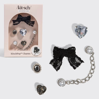 KitschPop vintage black charm set with lace bow, pearl accents, and heart-shaped gems.