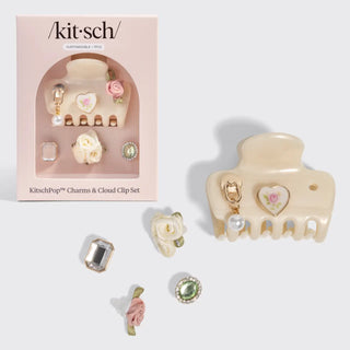 KitschPop pearlized cream cloud claw clip with customizable charm set and floral details.