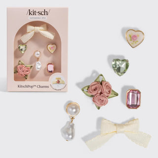KitschPop vintage pink charm set with floral accents, gemstone details, and pearl charm.