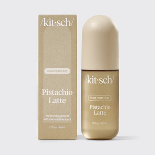Kitsch Pistachio Latte hair perfume bottle with pistachios and fragrance notes displayed.