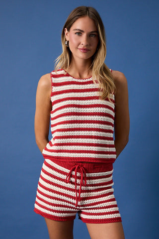 Red and ivory striped crochet tank top with sleeveless relaxed fit