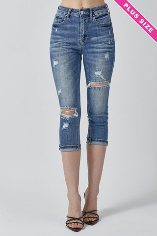 Risen Plus Size High Rise Distressed Capris