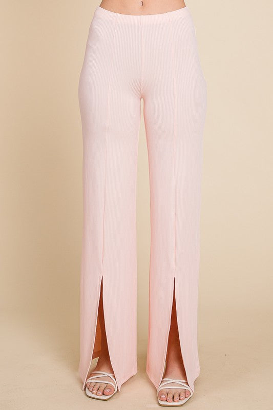 High Waist Deep Slit Ribbed Flare Pants Angel Pink / XL High Waist Deep Slit Ribbed Flare Pants Angel Pink / XL