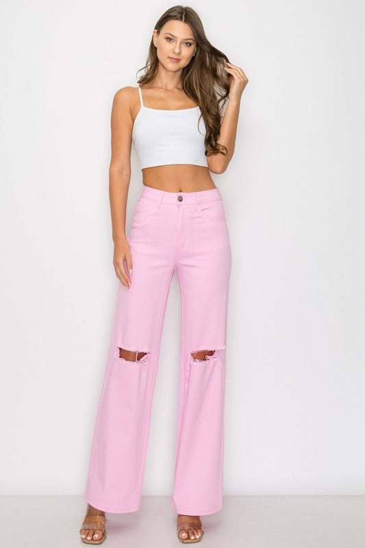 High Rise Light Pink Color Distressed Wide Leg Jeans