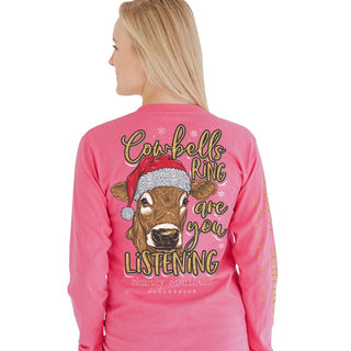 Simply Southern "Cow Bells Ring Are You Listening" Cow with Santa Hat Long Sleeve Shirt