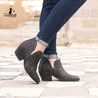 Glow Up Black Sparkly Slip On Bootie